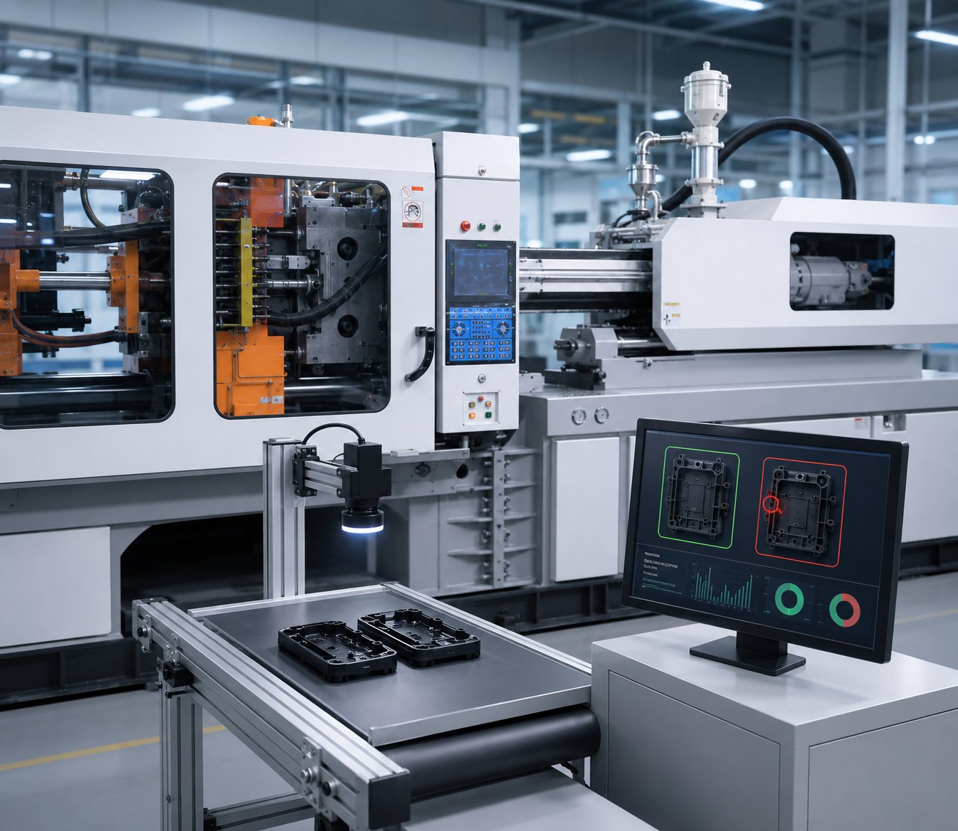 AI quality inspection: vision inspection station and judgment screen beside an injection molding machine