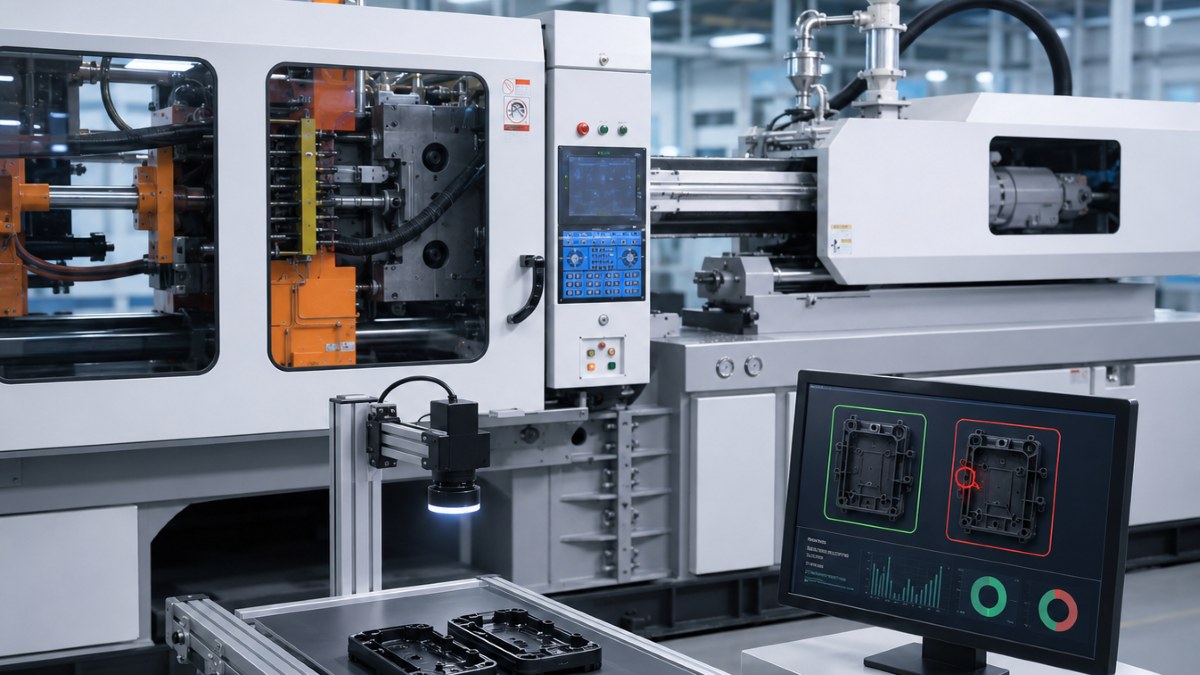AI quality inspection: vision inspection station and judgment screen beside an injection molding machine