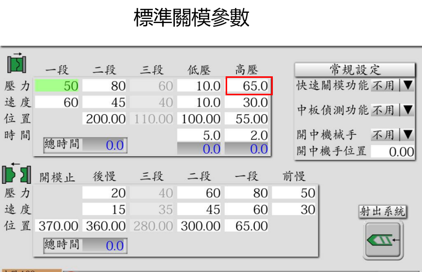 關模－標準射出參數畫面